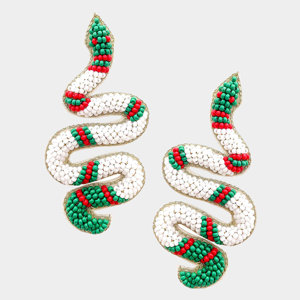 White Felt Back Seed Beaded Snake Earrings