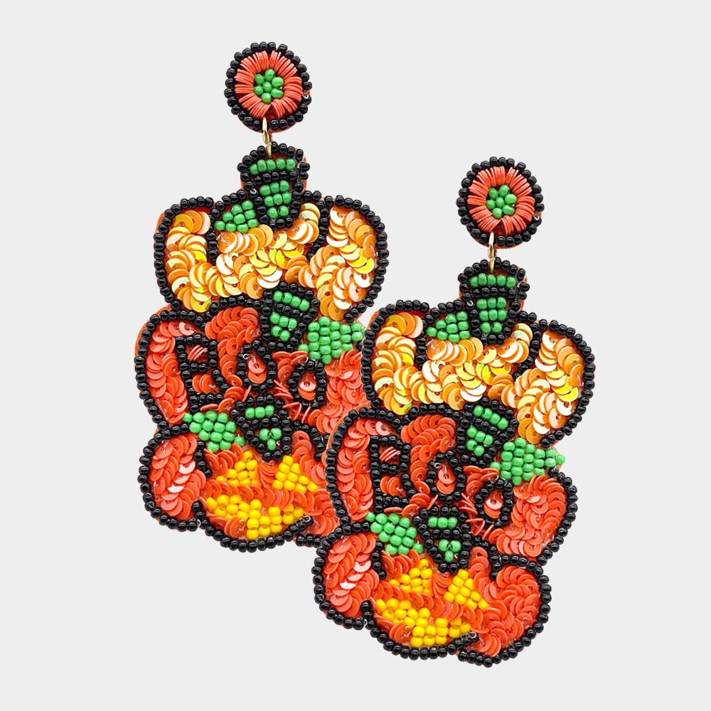 Orange Felt Back BOO Sequin Seed Beaded Triple Pumpkin Dangle Earrings