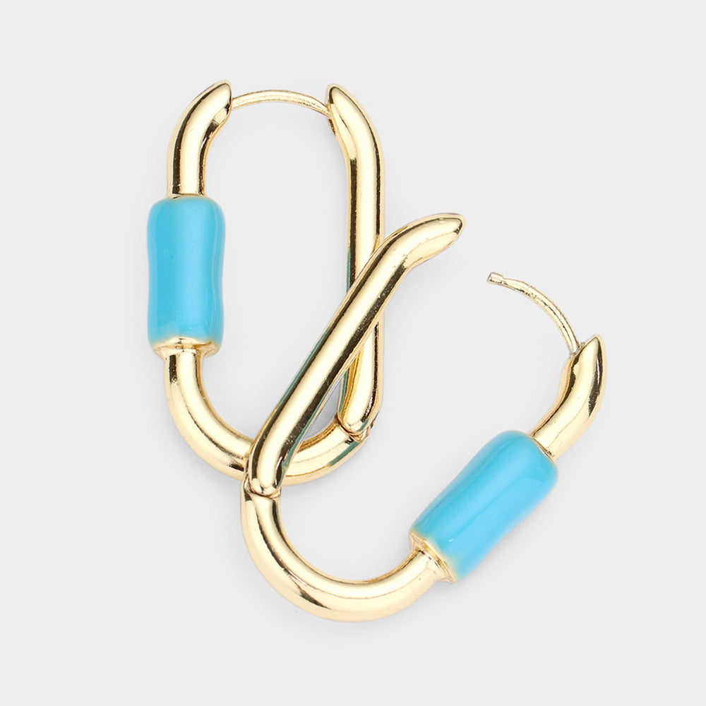 Turquoise Enamel Detailed Metal Oval Huggie Earrings