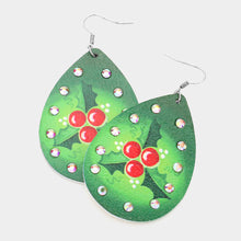 Load image into Gallery viewer, Green Flower Poinsettia Wood Teardrop Earrings
