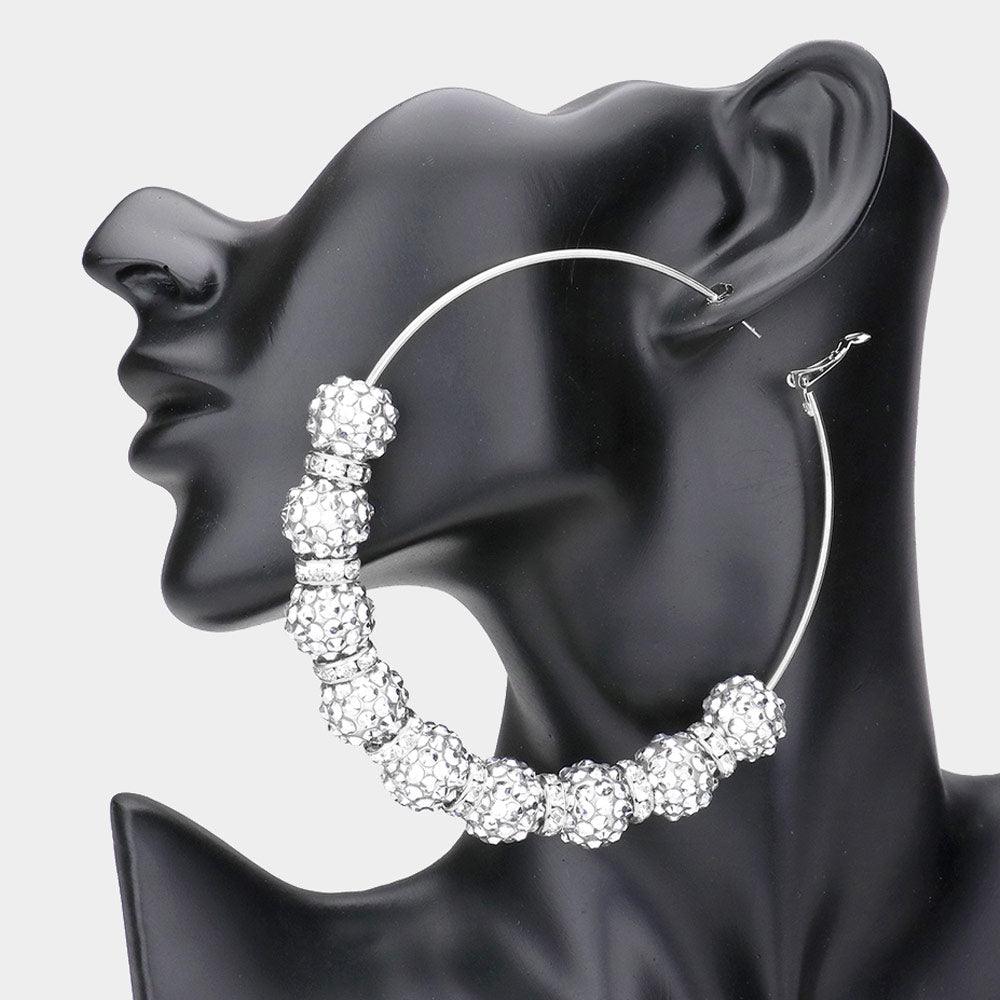 Silver Shamballa Ball Hoop Earrings