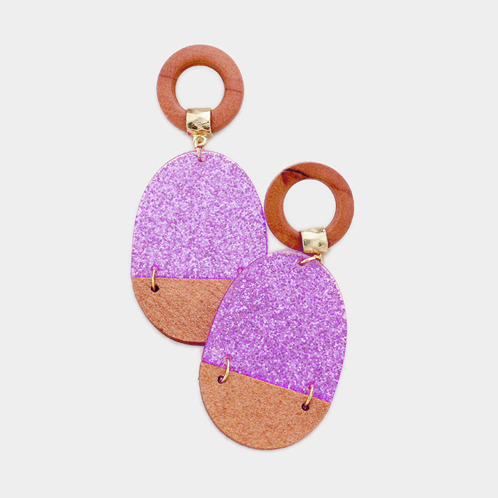 Purple Glittered Geometric Cut Out Round Wood Dangle Earrings