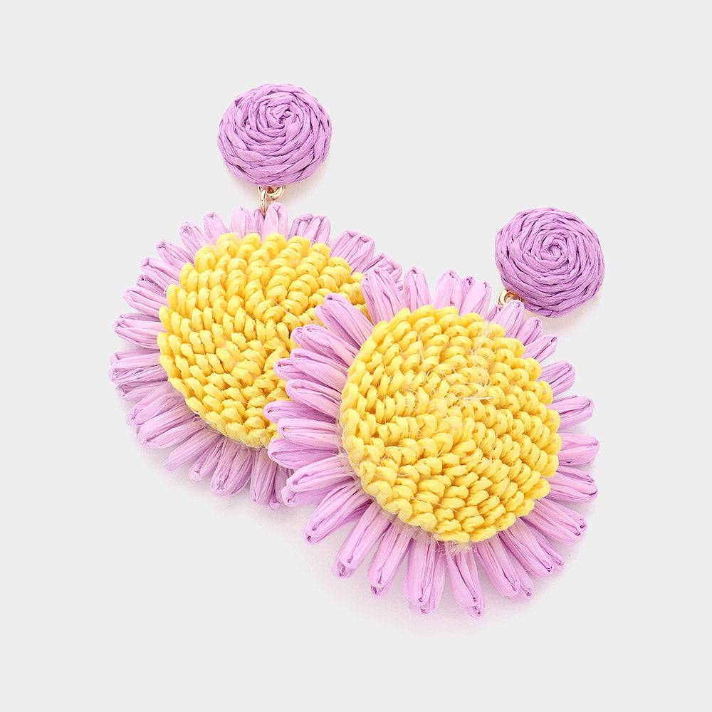 Lavender Raffia Sunflower Dangle Earrings