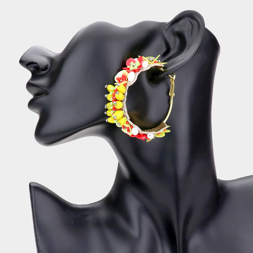 Yellow Flower Beads Hoop Earrings