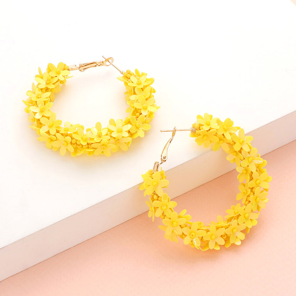 Yellow Flower Cluster Hoop Earrings