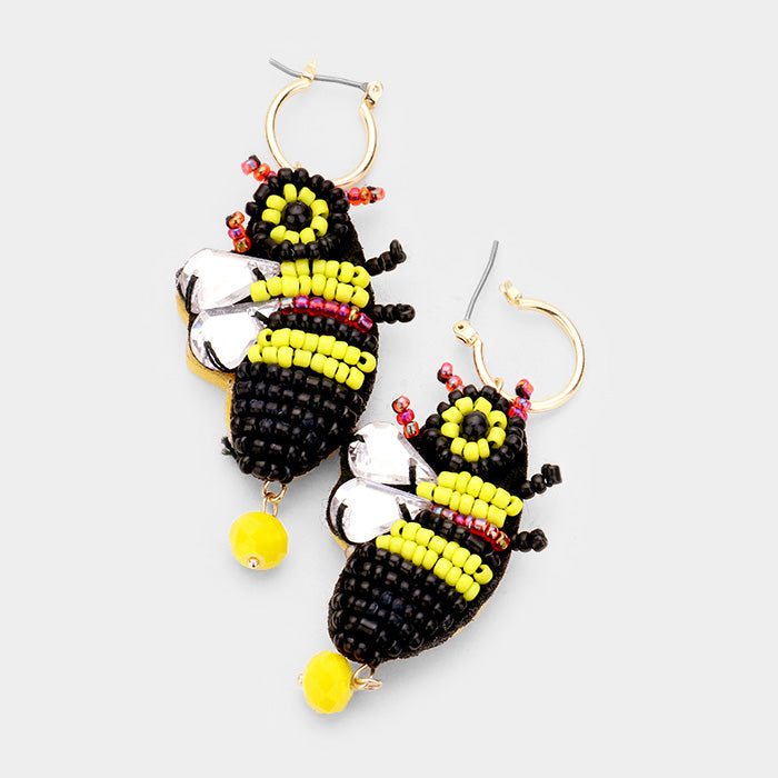 Yellow Beaded Honey Bee Pin Catch Earrings