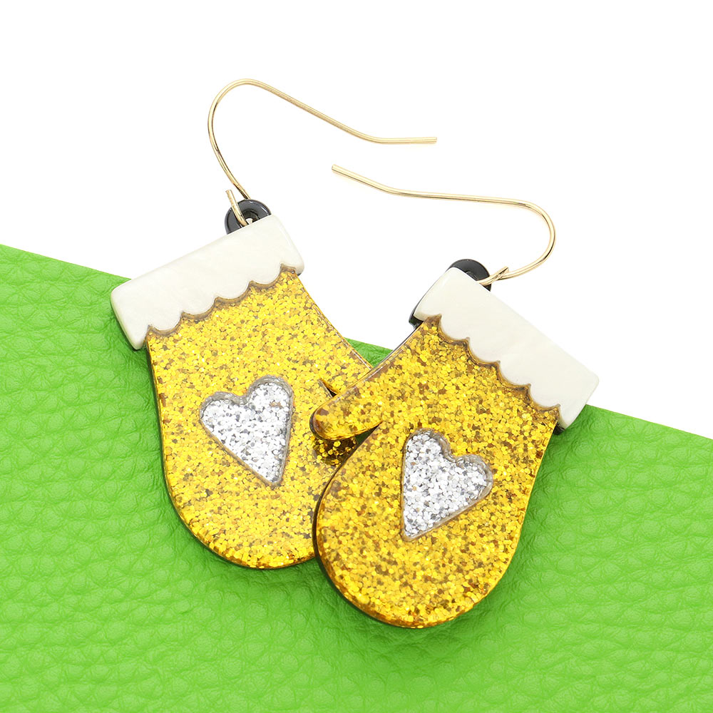 Gold Glittered Resin Glove Dangle Earrings