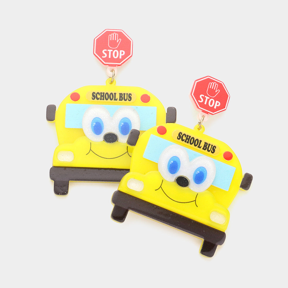 Yellow Stop Sign School Bus Link Dangle Earrings