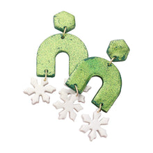 Load image into Gallery viewer, Green Double Snowflake Accented Glittered Polymer Clay Dangle Earrings
