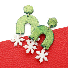 Load image into Gallery viewer, Green Double Snowflake Accented Glittered Polymer Clay Dangle Earrings
