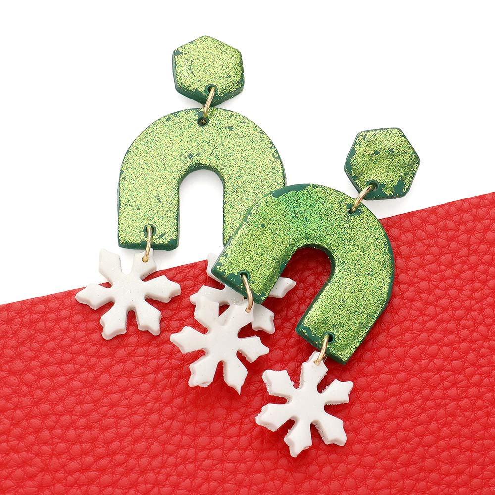 Green Double Snowflake Accented Glittered Polymer Clay Dangle Earrings