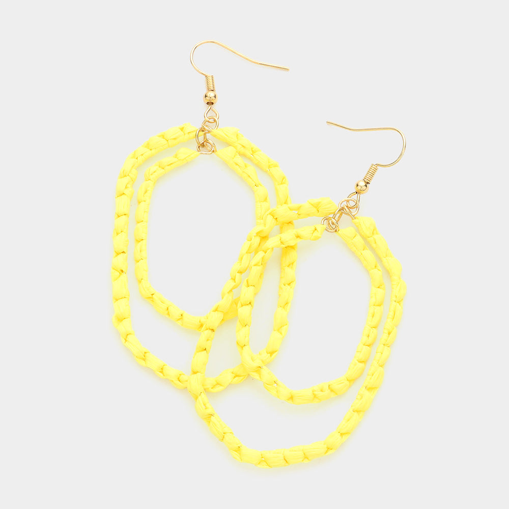 Yellow Woven Raffia Double Open Hexagon Dangle Earrings