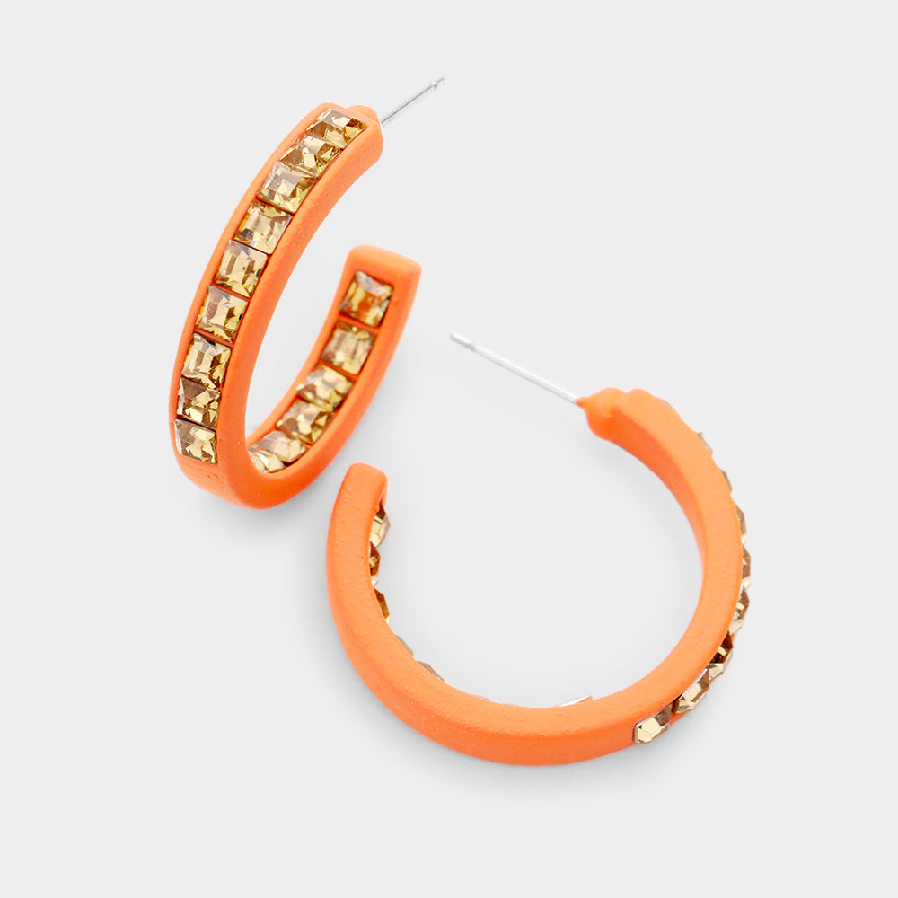 Orange Square Rhinestone Stone Accented Hoop Earrings