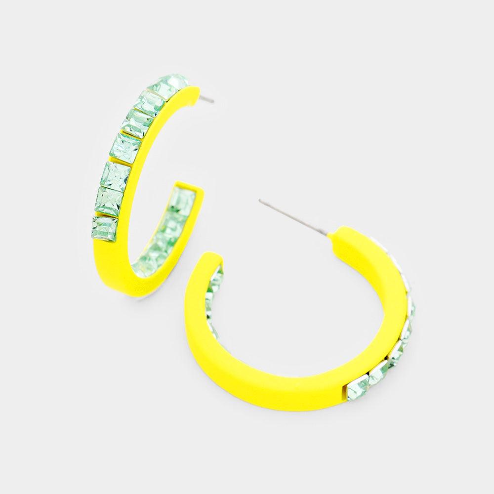 Yellow Square Rhinestone Stone Accented Hoop Earrings