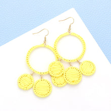 Load image into Gallery viewer, Yellow Woven Raffia Open Circle Triple Round Link Dangle Earrings
