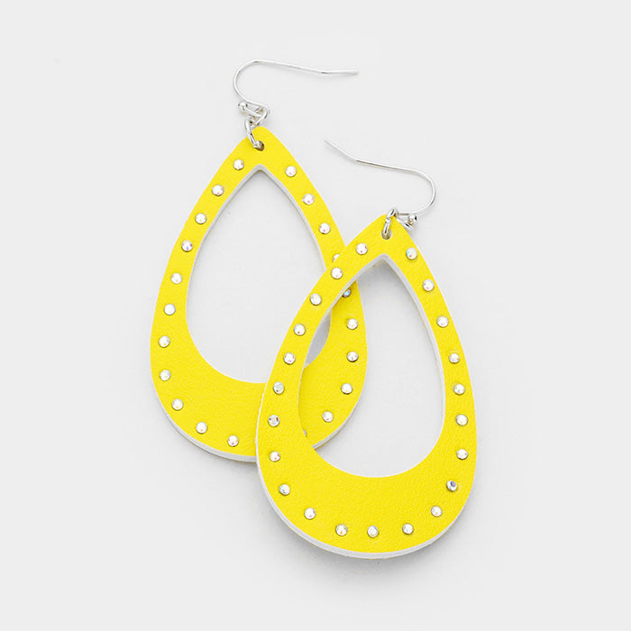 Yellow Crystal Embellished Cut Out Leather Teardrop Earrings