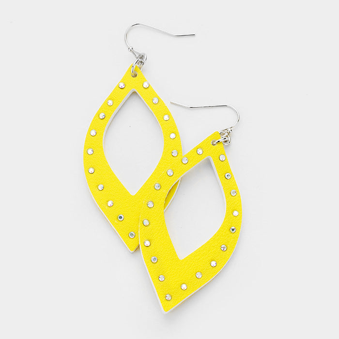 Yellow Crystal Embellished Cut Out Leather Leaf Earrings