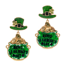 Load image into Gallery viewer, Green Happy St Patricks Day Message Clover Hat Dangle Earrings
