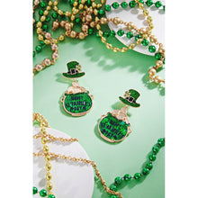 Load image into Gallery viewer, Green Happy St Patricks Day Message Clover Hat Dangle Earrings
