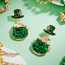 Load image into Gallery viewer, Green Happy St Patricks Day Message Clover Hat Dangle Earrings
