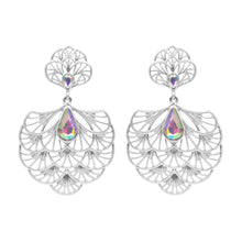 Load image into Gallery viewer, Silver Teardrop Stone Embellished Metal Chandelier Filigree Dangle Earrings
