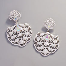 Load image into Gallery viewer, Silver Teardrop Stone Embellished Metal Chandelier Filigree Dangle Earrings
