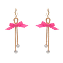 Load image into Gallery viewer, Pink Bow Pointed Pearl Tip Dropdown Dangle Earrings
