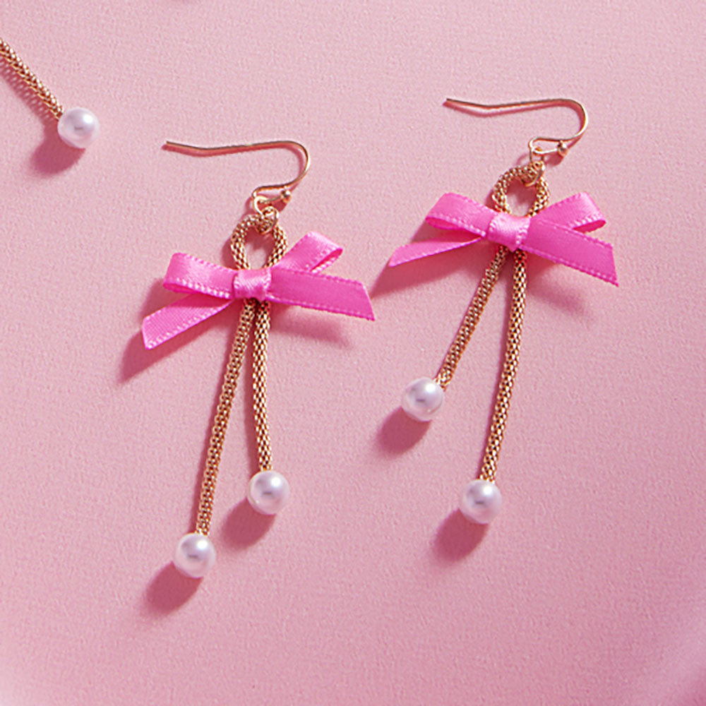 Pink Bow Pointed Pearl Tip Dropdown Dangle Earrings