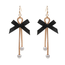 Load image into Gallery viewer, Black Bow Pointed Pearl Tip Dropdown Dangle Earrings
