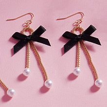 Load image into Gallery viewer, Black Bow Pointed Pearl Tip Dropdown Dangle Earrings
