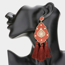 Load image into Gallery viewer, Brown Studded Leather Petal Triple Tassel Earrings
