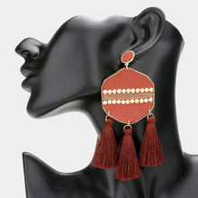 Load image into Gallery viewer, Brown Studded Leather Triple Tassel Earrings

