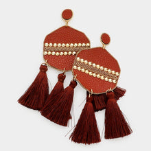 Load image into Gallery viewer, Brown Studded Leather Triple Tassel Earrings
