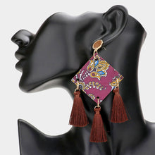 Load image into Gallery viewer, Brown Floral Print Square Wood Square Triple Tassel Earrings
