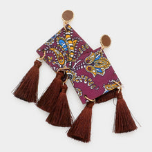 Load image into Gallery viewer, Brown Floral Print Square Wood Square Triple Tassel Earrings
