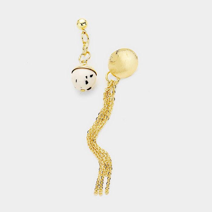 White Mismatched Bead Ball Chain Tassel Earrings