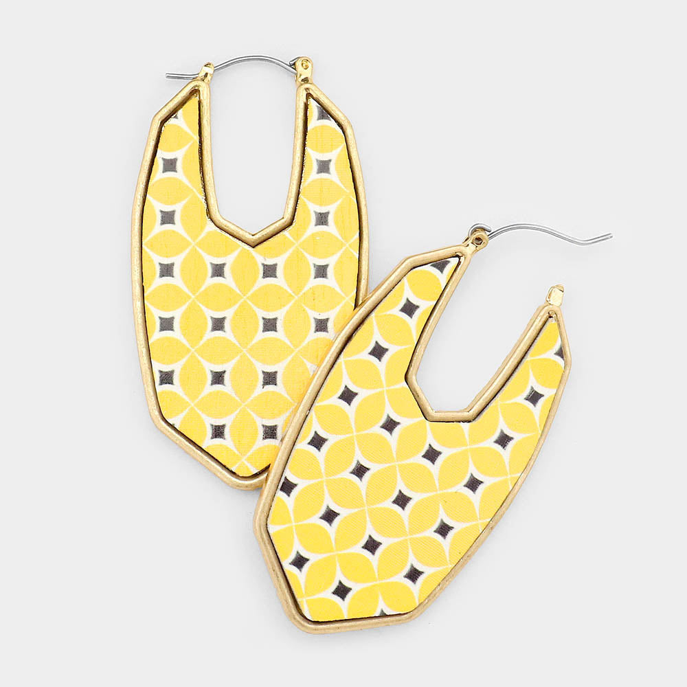 Yellow Patterned Texture Printed Wood Dangle Pin Catch Earrings