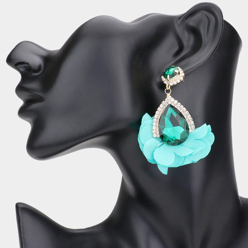 Emerald Teardrop Stone Accented Fabric Petal Cluster Dangle Earrings