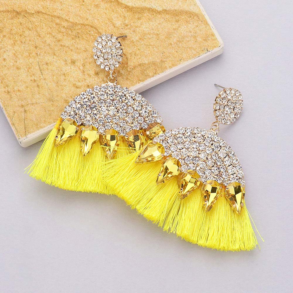 Yellow Marquise Stone Cluster Pointed Rhinestone Paved Tassel Dangle Earrings