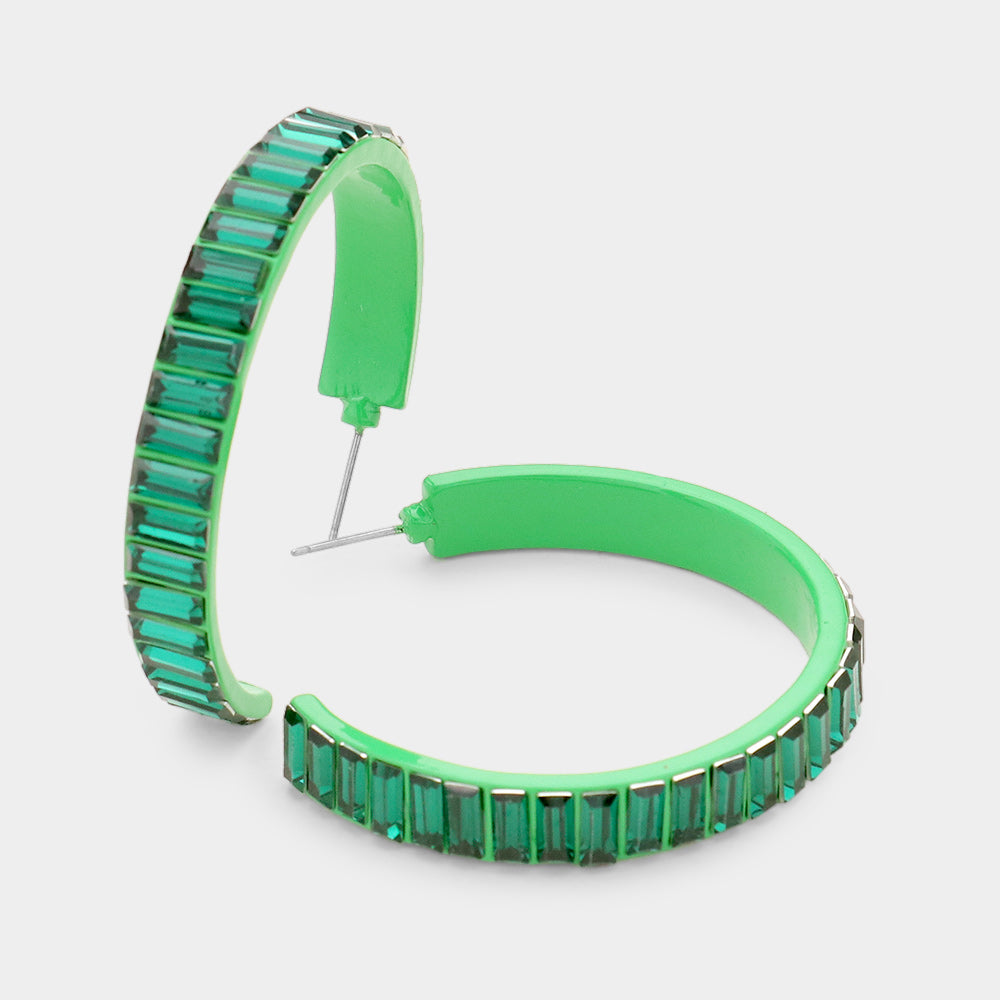 Green Baguette Cut Glass Crystal Hoop Earrings