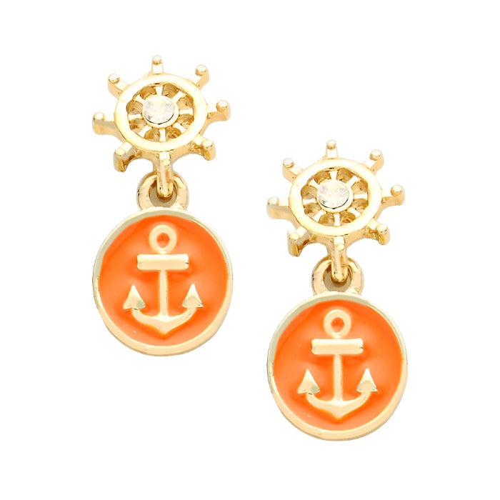 Orange Enamel Anchor Drop Earrings