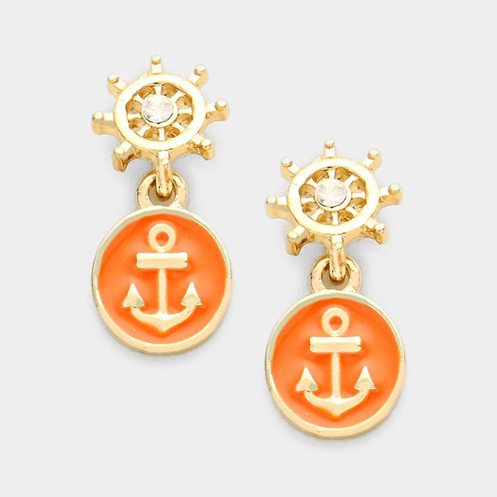 Orange Enamel Anchor Drop Earrings