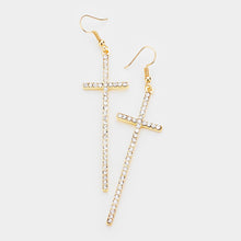 Load image into Gallery viewer, Gold Crystal Embellished Cross Dangle Earrings
