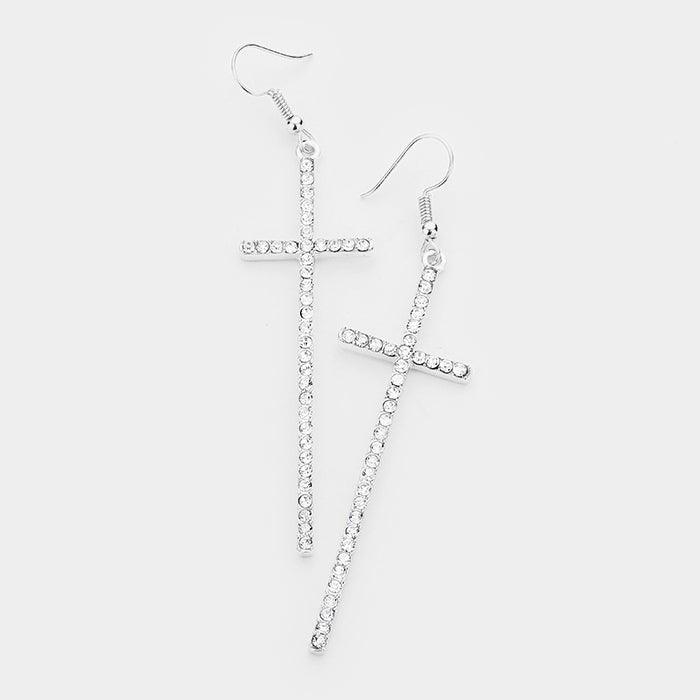 Clear Crystal Embellished Cross Dangle Earrings