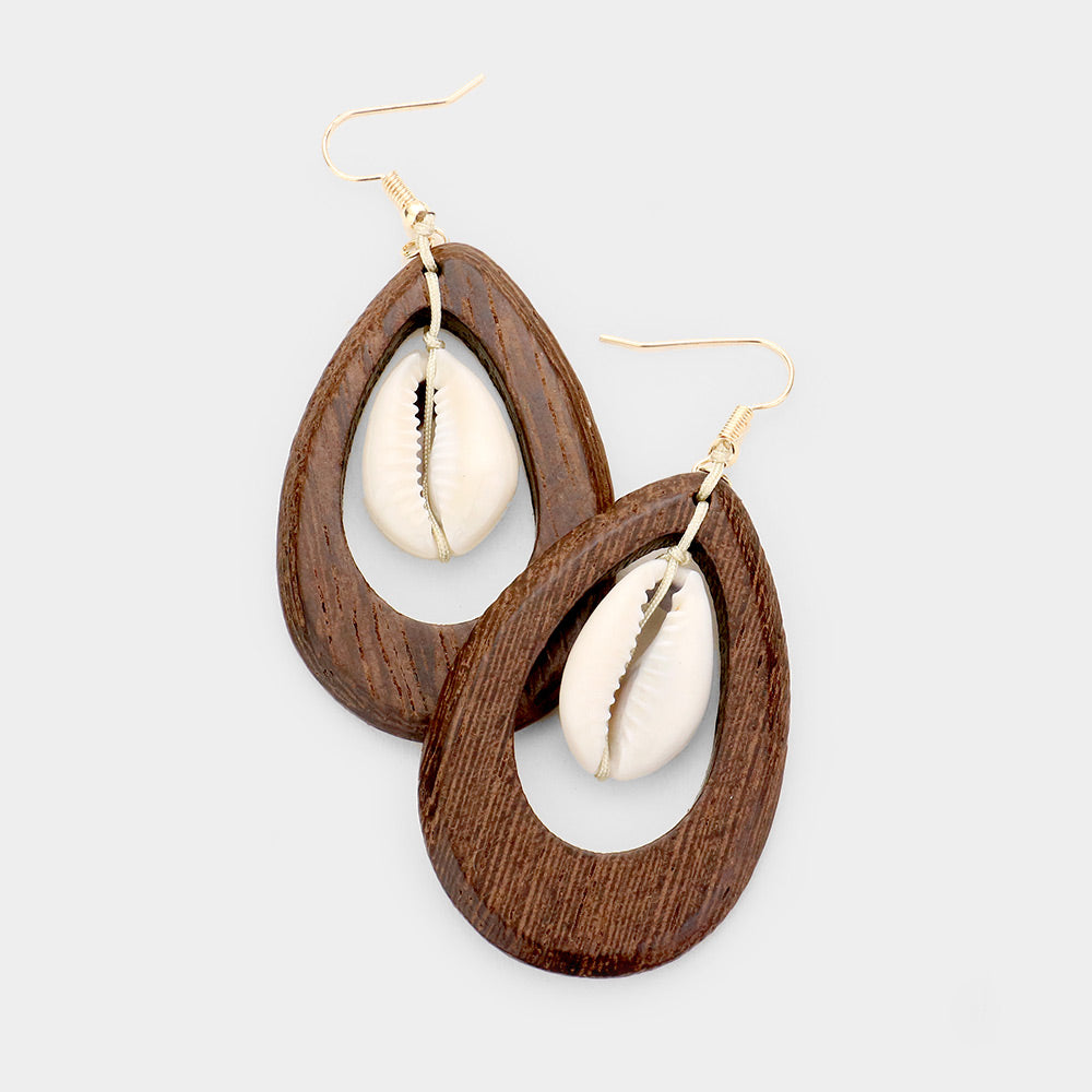 Gold Puka Shell Cut Out Teardrop Wood Dangle Earrings