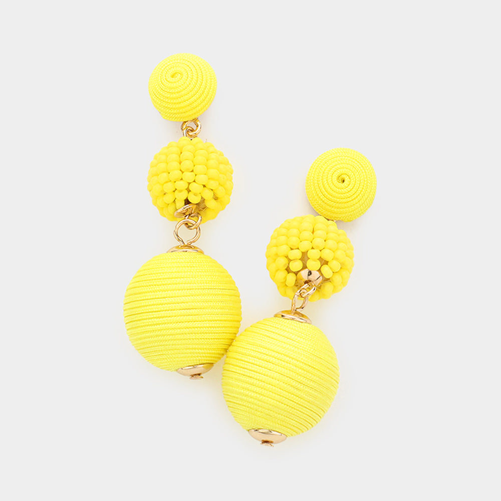 Yellow Seed Beaded Thread Wrapped Ball Link Dangle Earrings