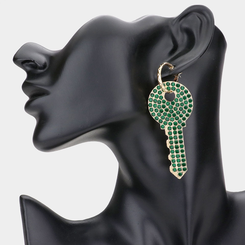 Emerald Rhinestone Pave Key Earrings