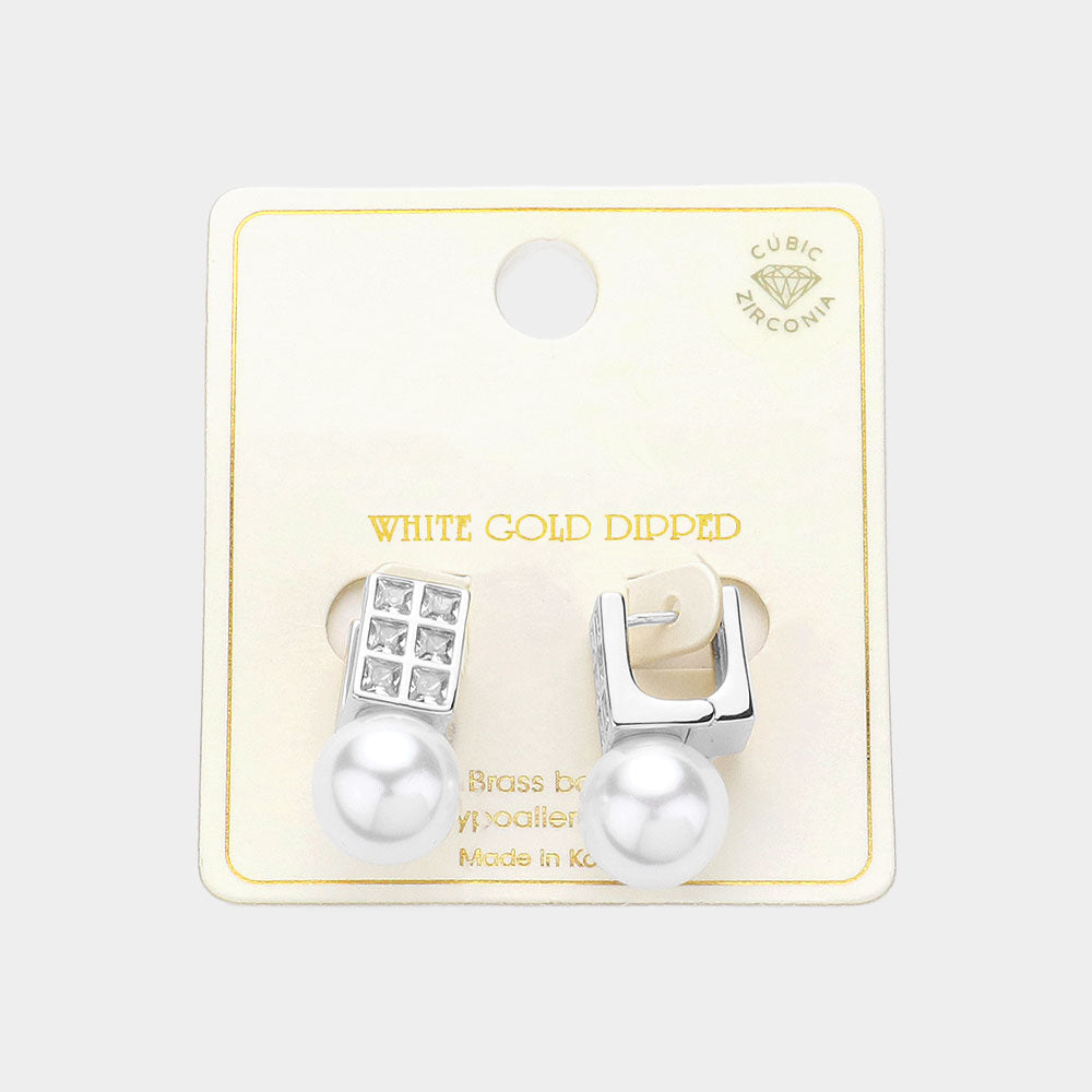 Silver White Gold Dipped Square CZ Stone Pearl Drop Huggie Earrings