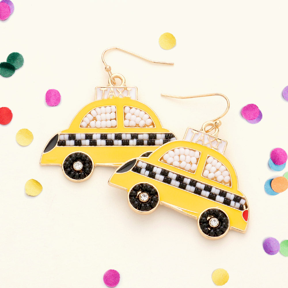 Yellow Seed Bead Embellished Enamel Taxi Dangle Earrings