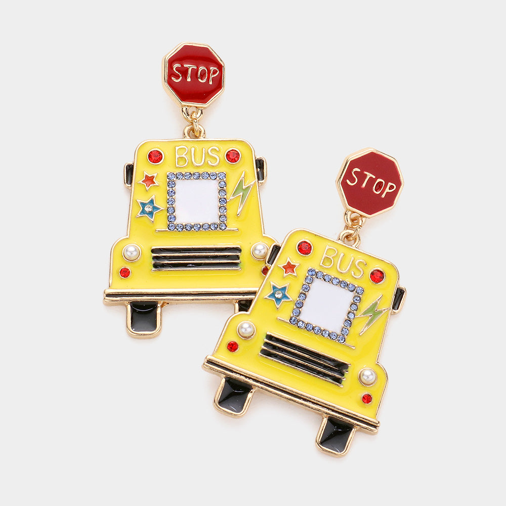 Yellow Stop Message Enamel School Bus Dangle Earrings